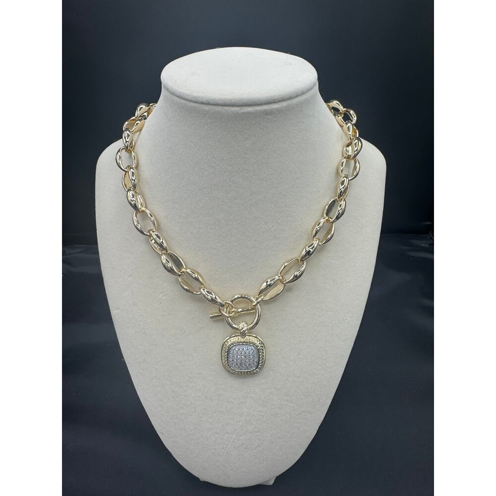 Gold Plated Square Pave Crystal Necklace - 18"